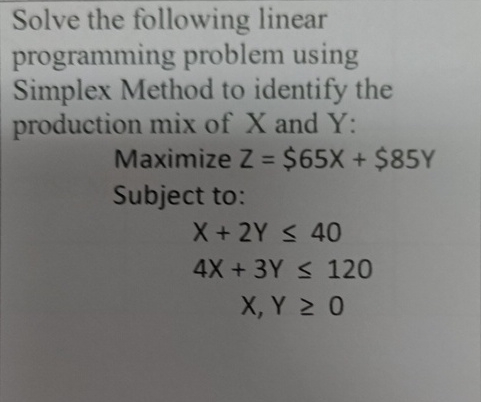  Solve the following linear programming problem using Simplex Method to identify