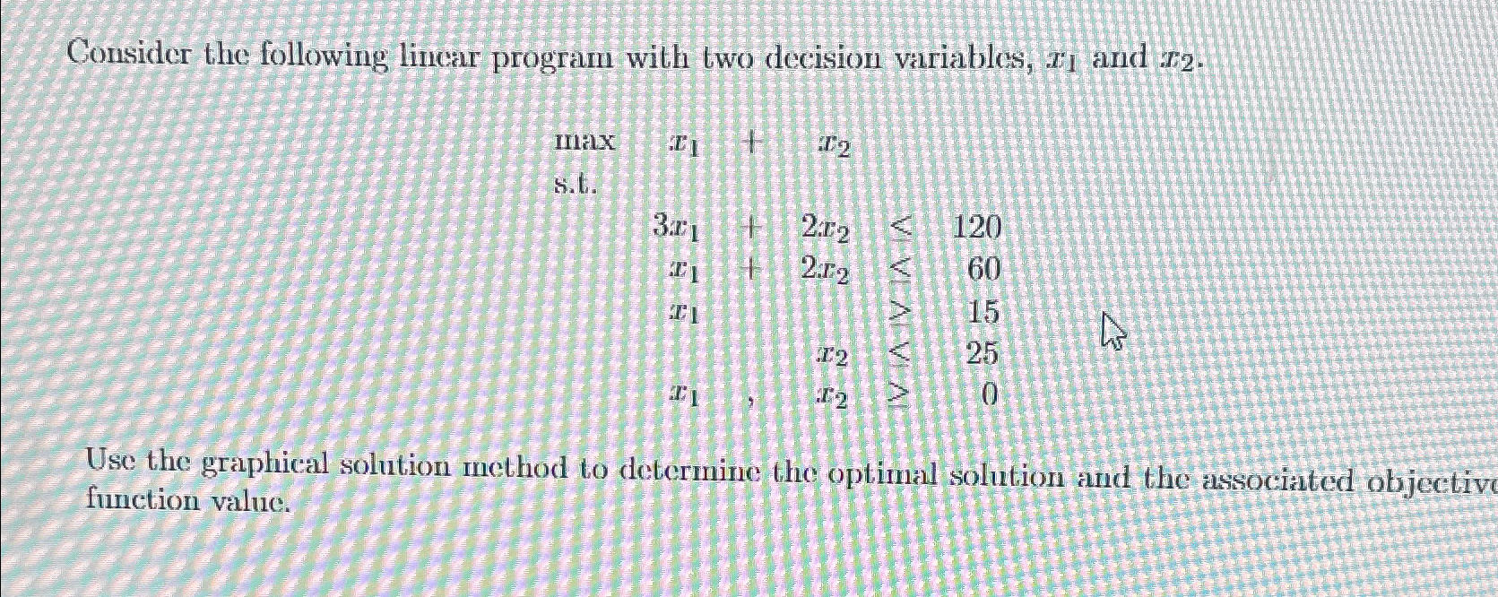  Consider the following linear program with two decision variables, x1 and