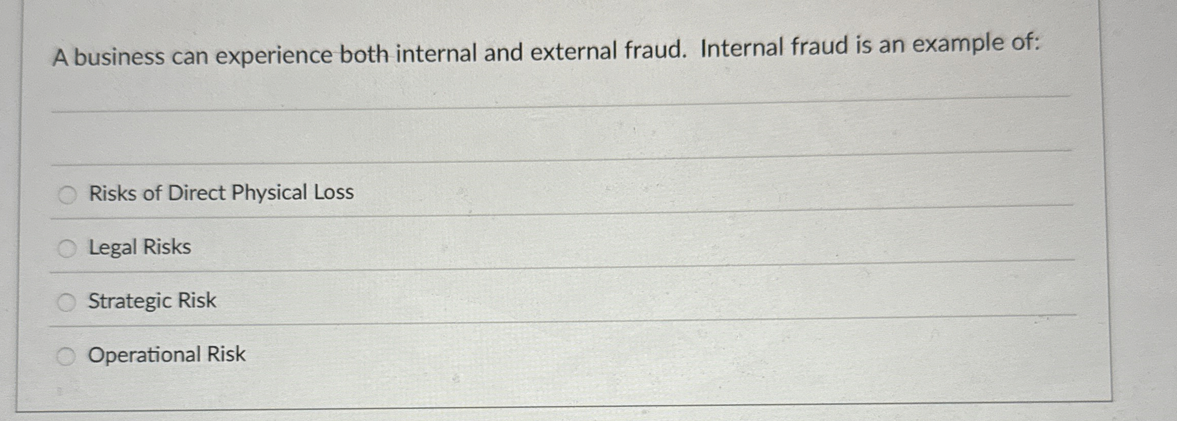  A business can experience both internal and external fraud. Internal fraud