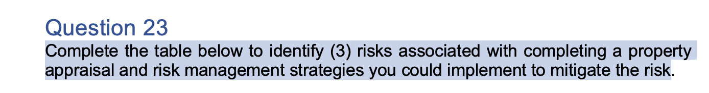  Question 23 Complete the table below to identify (3) risks associated