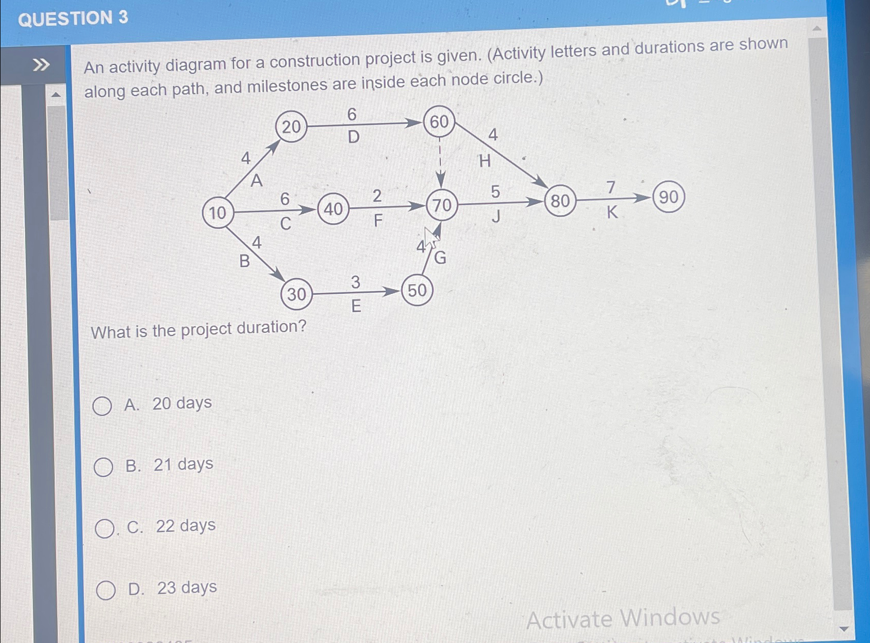  QUESTION 3 An activity diagram for a construction project is given.