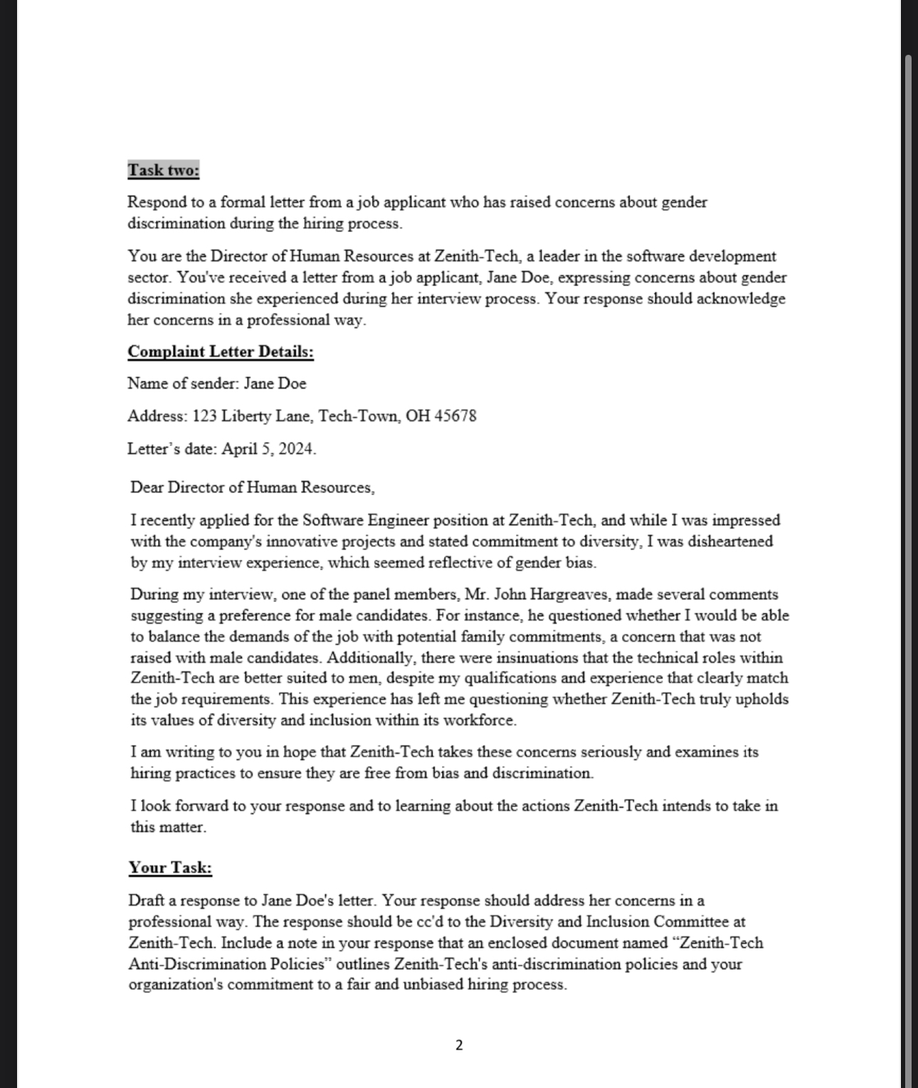  Assignment #2: Business Communication Writing (Engl231) Task One: Evaluate an employee's