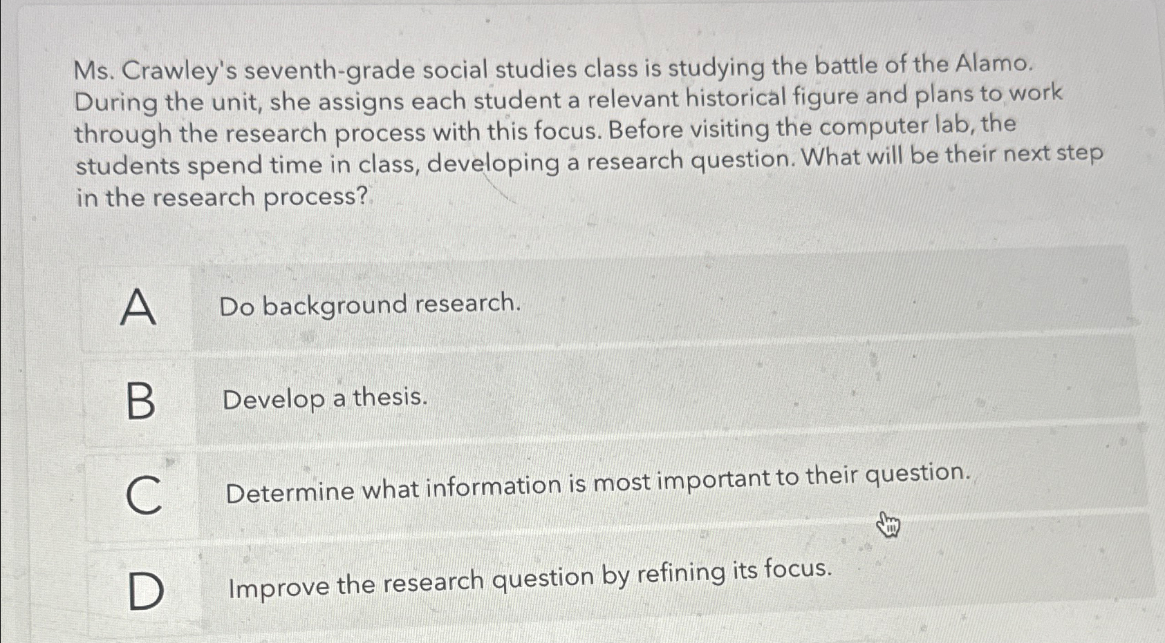  Ms. Crawley's seventh-grade social studies class is studying the battle of