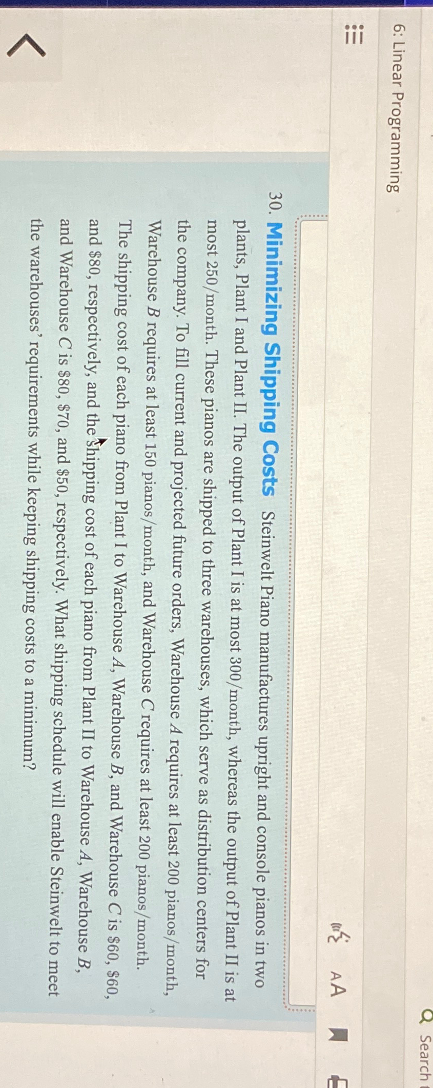  Search 6: Linear Programming : 30. Minimizing Shipping Costs Steinwelt Piano