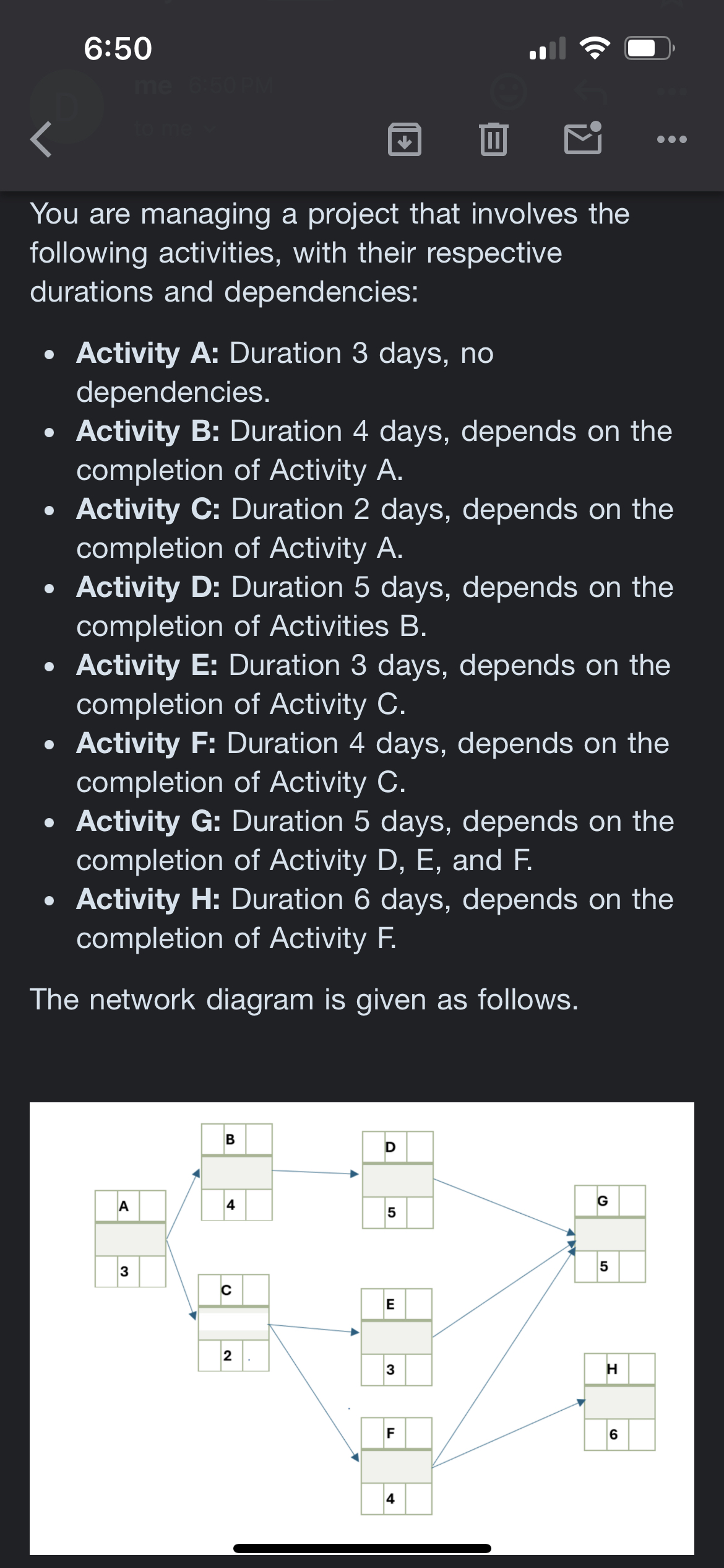  6:50 You are managing a project that involves the following activities,