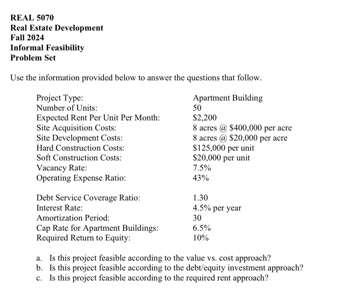  REAL 5070 Real Estate Development Fall 2024 Informal Feasibility Problem Set