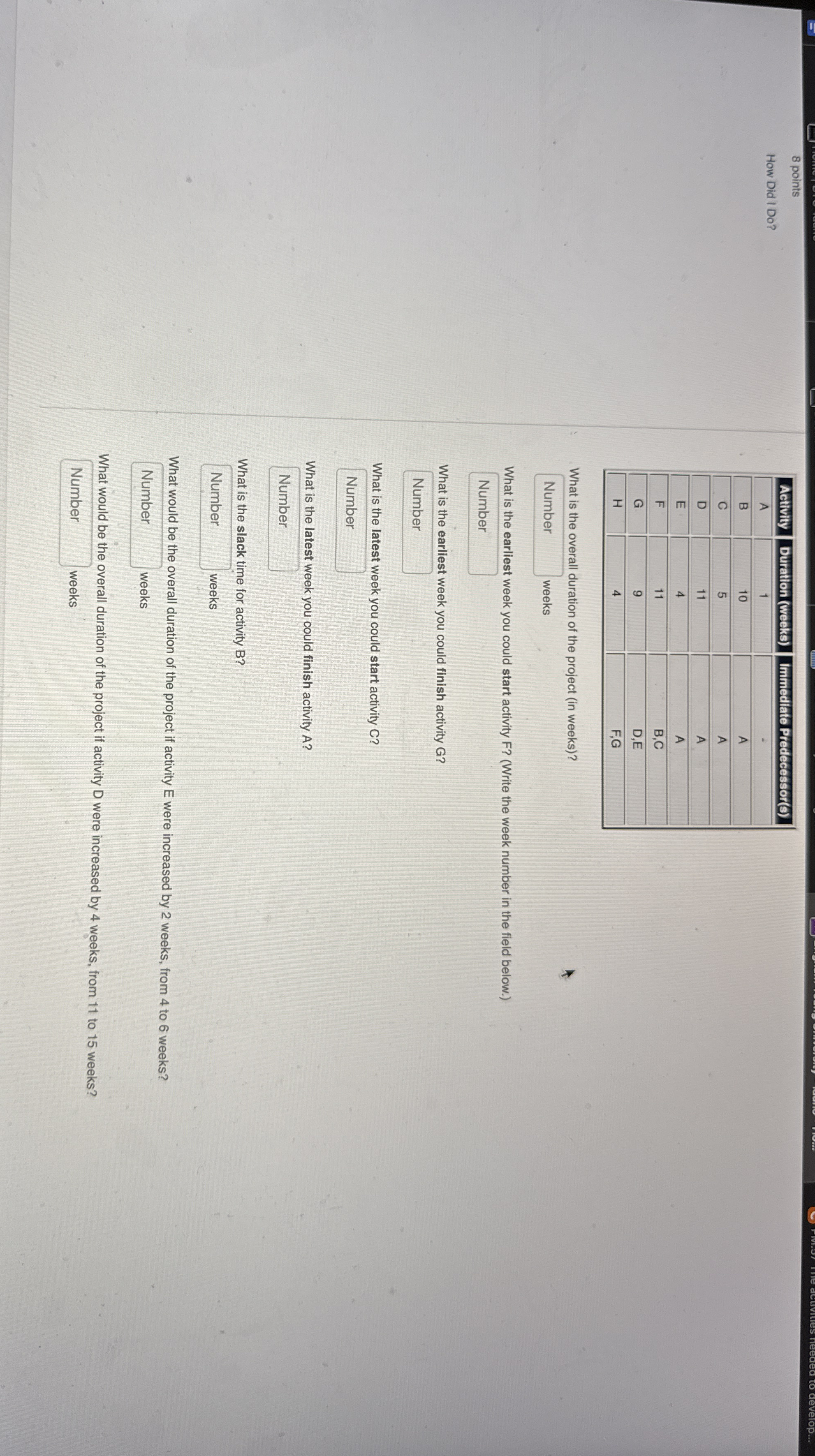  8 points How Did I Do? \table[[Activity,Duration (weeks),Immediate Predecessor(S)],[A,1,-],[B,10,A],[C,5,A],[D,11,A],[E,4,A],[F,11,B,C],[G,9,D,E],[H,4,F,G]] What is