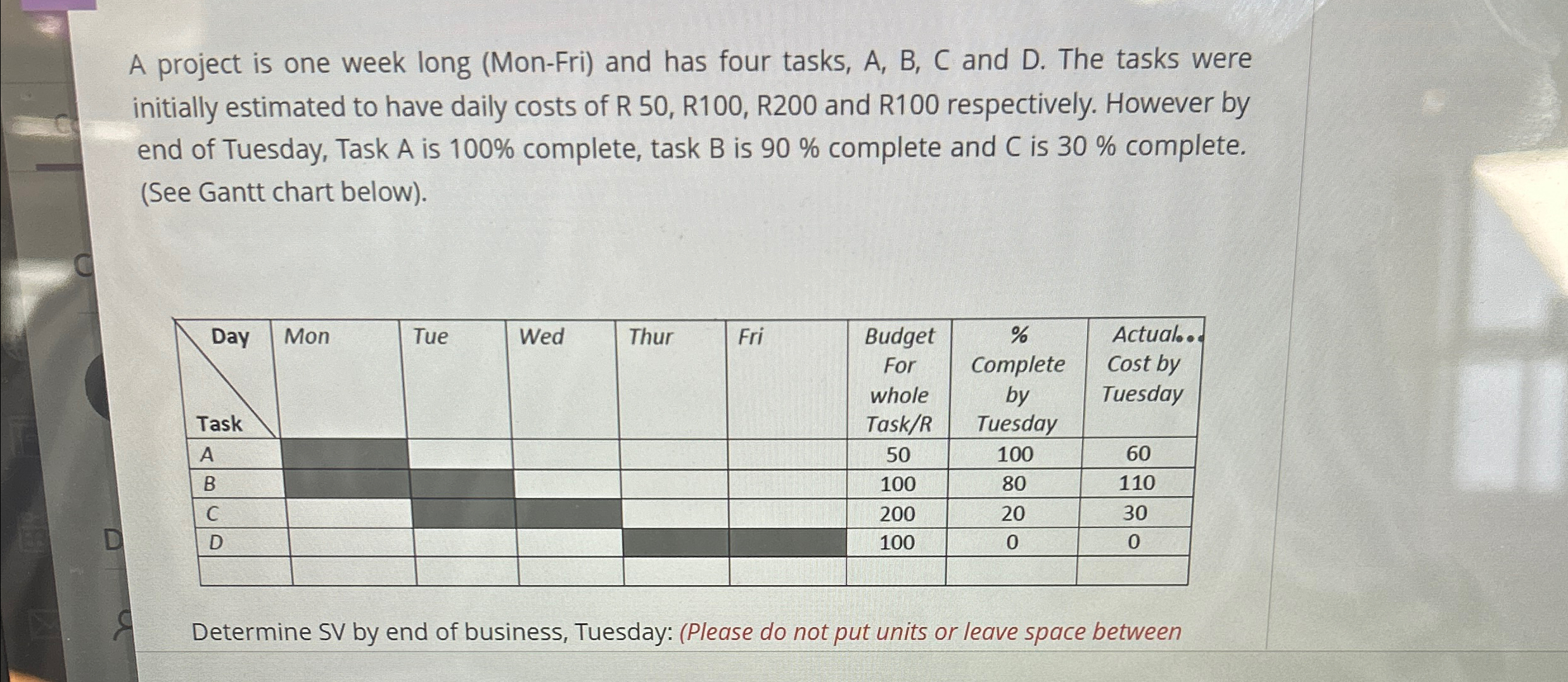  A project is one week long (Mon-Fri) and has four tasks,