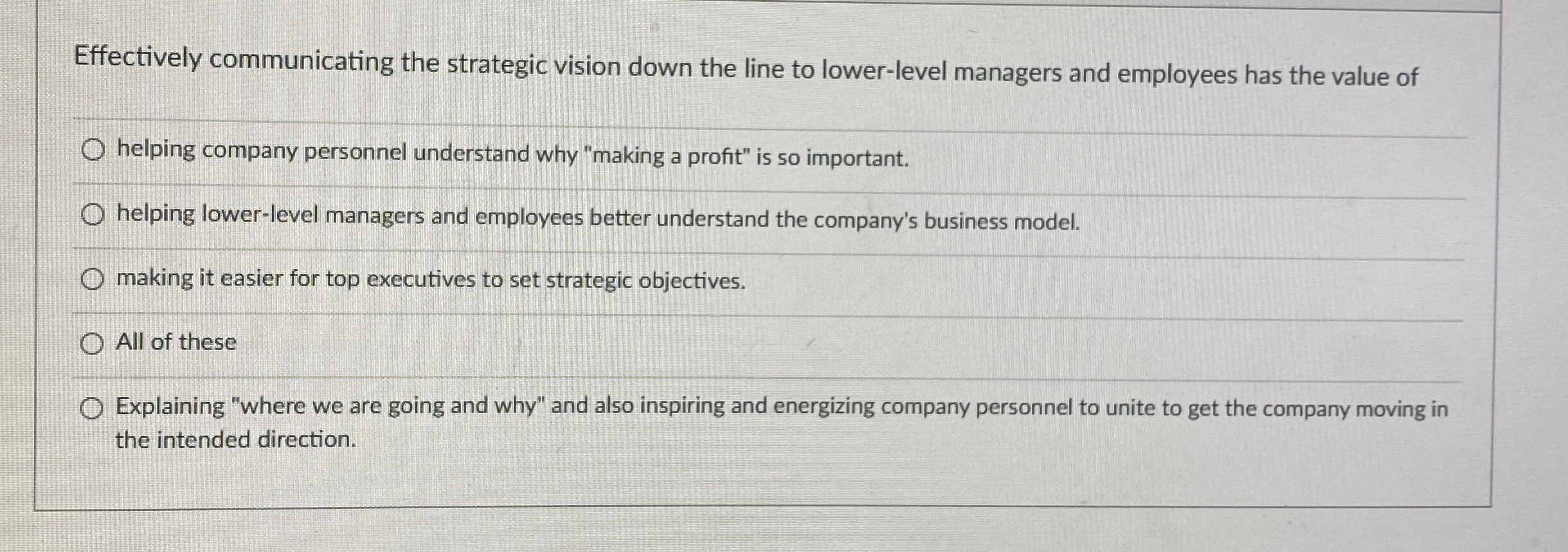  Effectively communicating the strategic vision down the line to lower-level managers