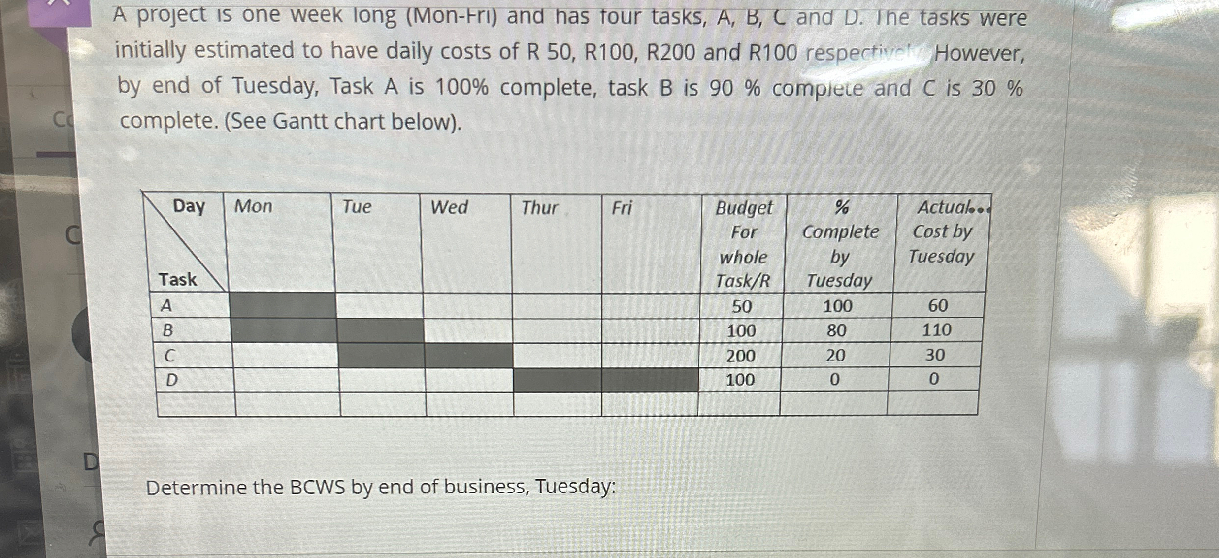  A project is one week long (Mon-rri) and has tour tasks,