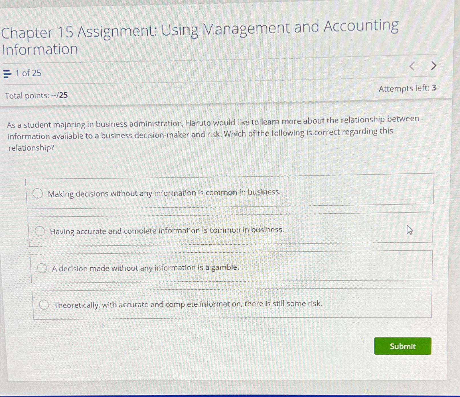  Chapter 15 Assignment: Using Management and Accounting Information 1 of 25