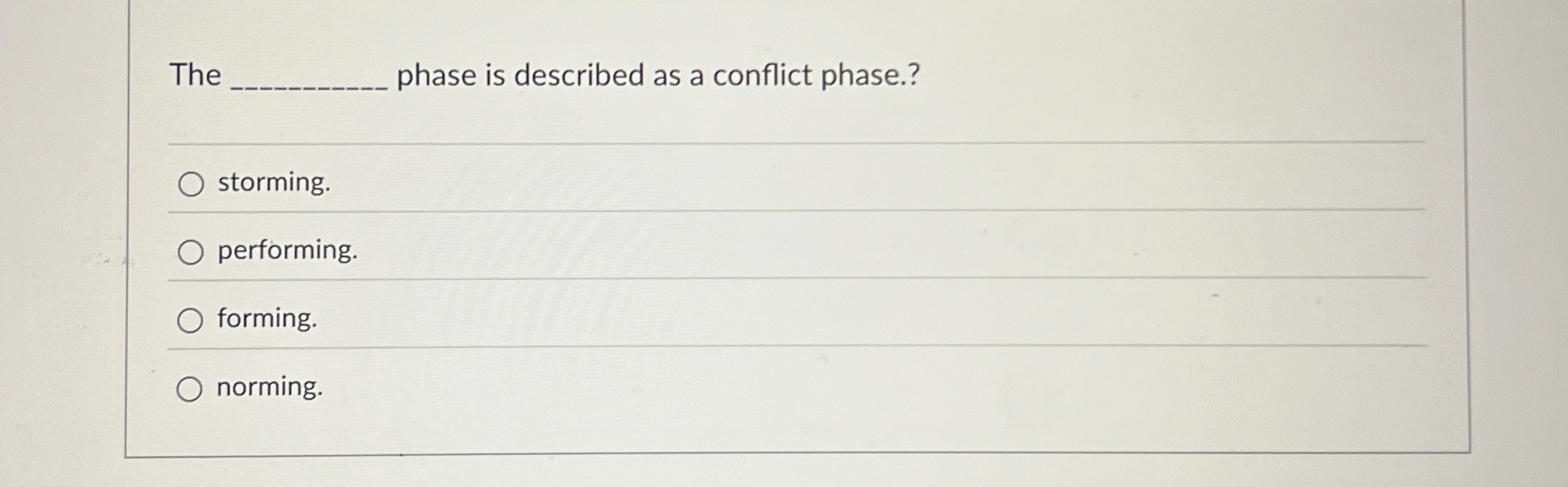  The phase is described as a conflict phase.? storming. performing. forming.