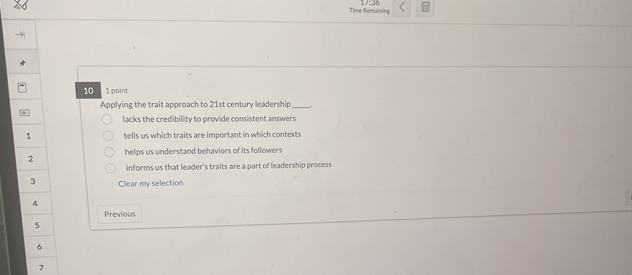  17:36 Time Remaining 10 1 point Applying the trait approach to
