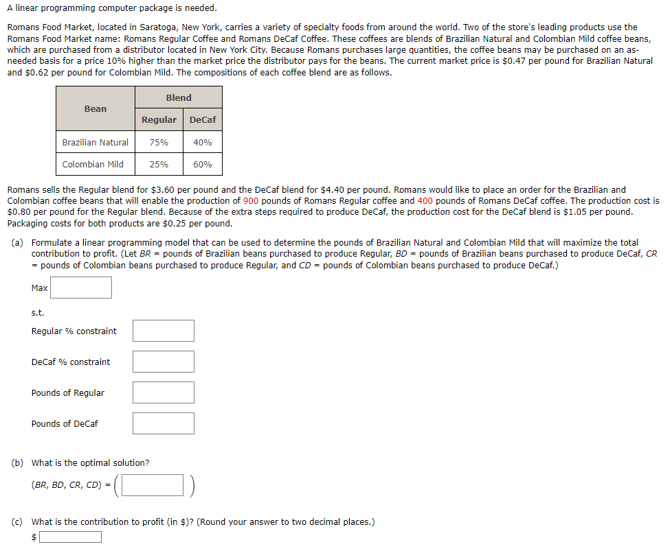  A linear programming computer package is needed. Romans Food Market, located