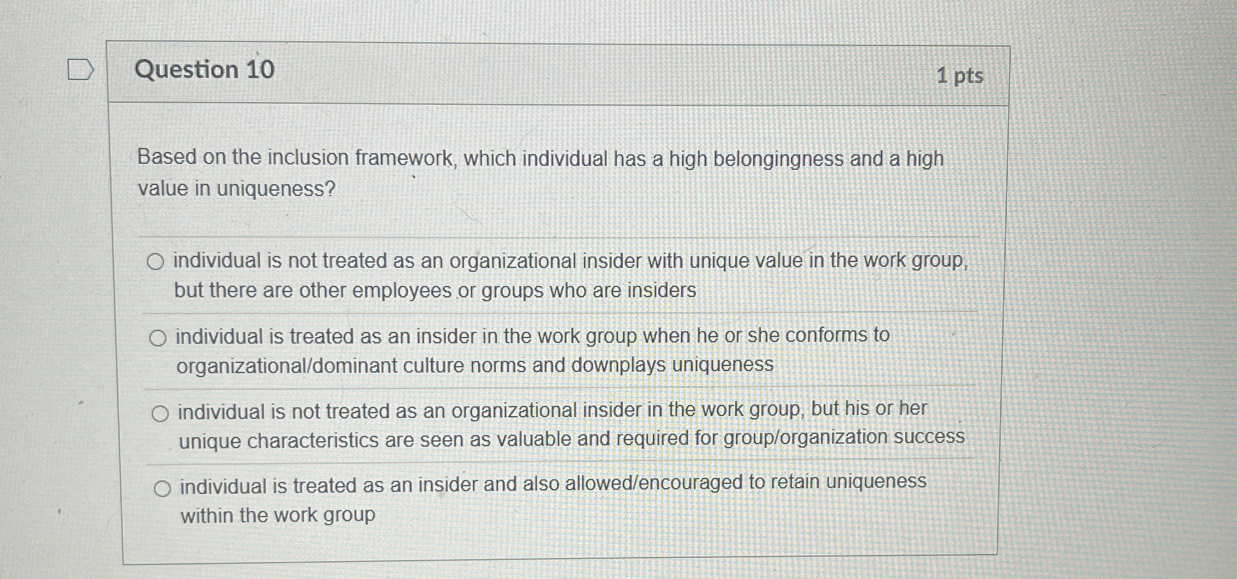  Question 10 1 pts Based on the inclusion framework, which individual
