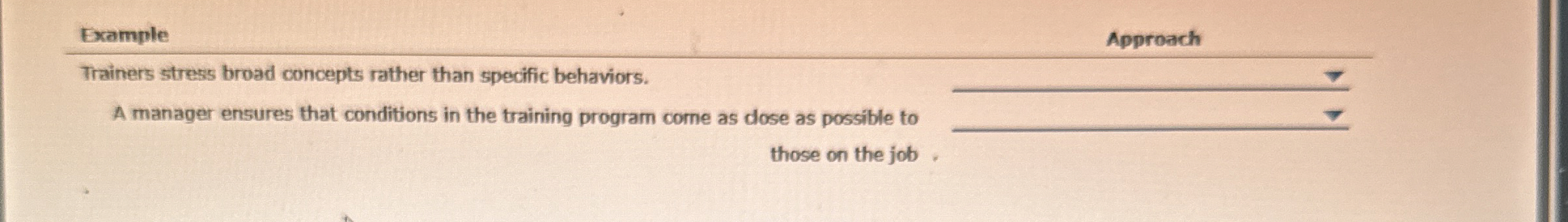  Example Approach Trainers stress broad concepts rather than specific behaviors. A
