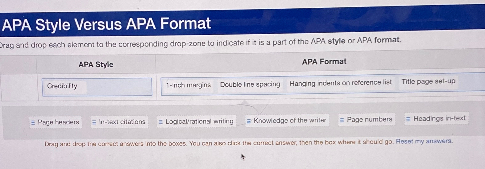  APA Style Versus APA Format Jrag and drop each element to
