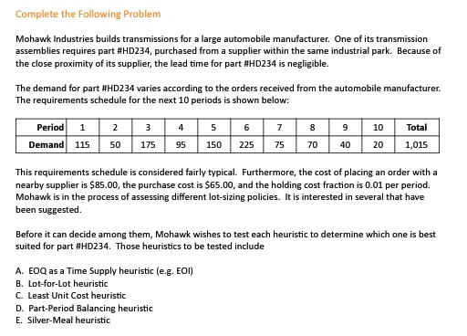  Complete the Following Problem Mohawk Industries builds transmissions for a large