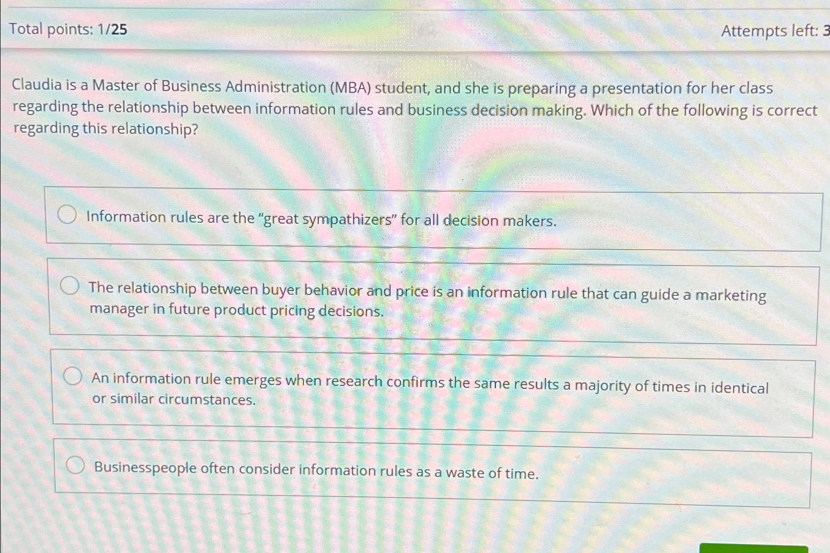  Total points: 125 Attempts left: 3 Claudia is a Master of