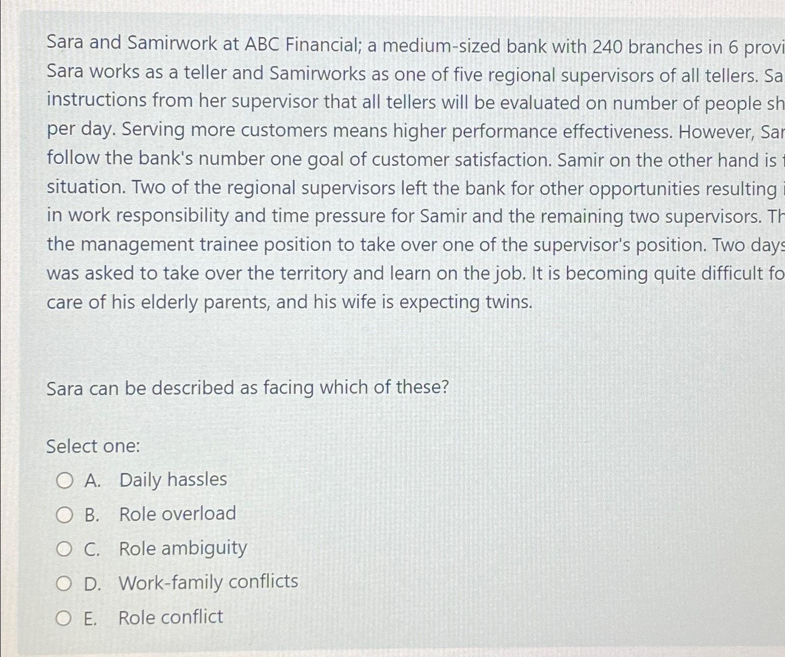  Sara and Samirwork at ABC Financial; a medium-sized bank with 240