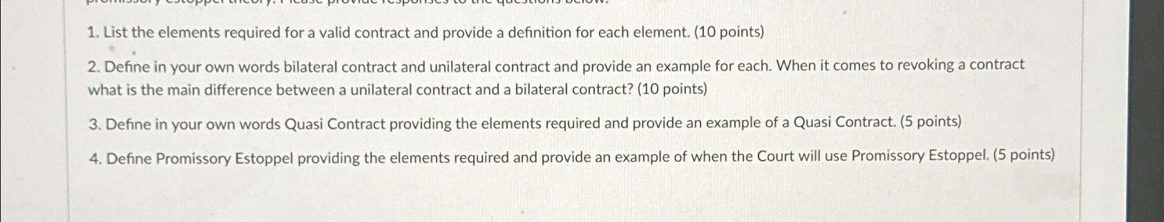  List the elements required for a valid contract and provide a
