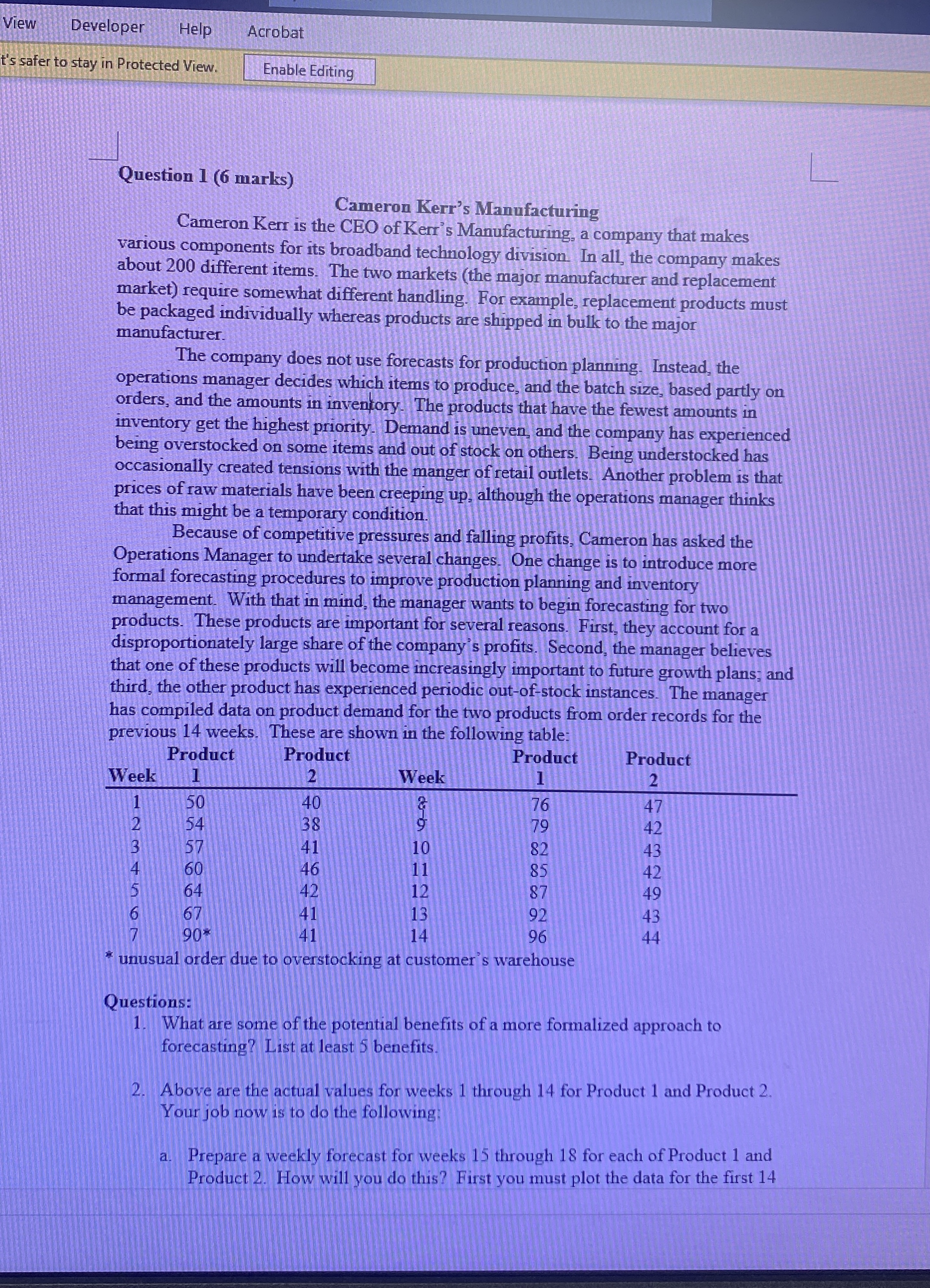  Question 1(6 marks) Cameron Kerr's Manufacturing Cameron Kerr is the CEO