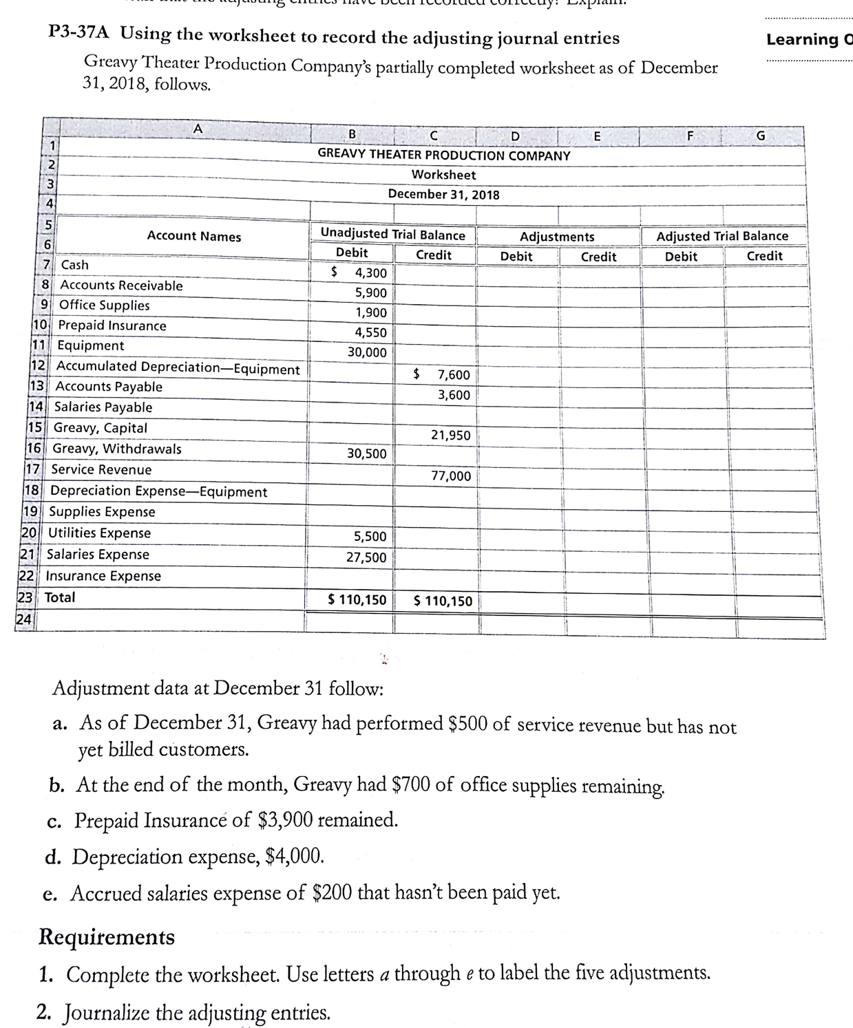  P3-37A Using the worksheet to record the adjusting journal entries Learning