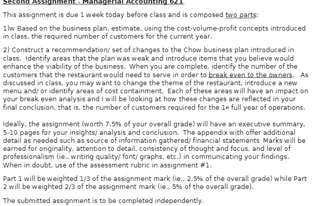 Second Assignment - Managerial Accounting b21 This assignment is due 1