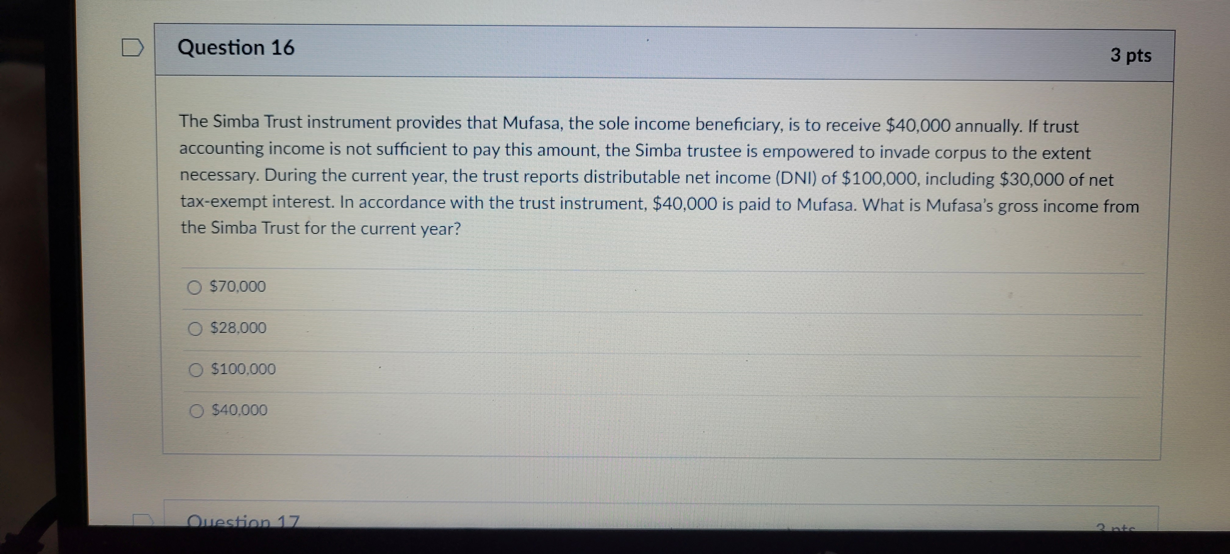 D Question 16 3 pts The Simba Trust instrument provides that