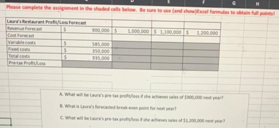 F G H Please complete the assignment in the shaded cells