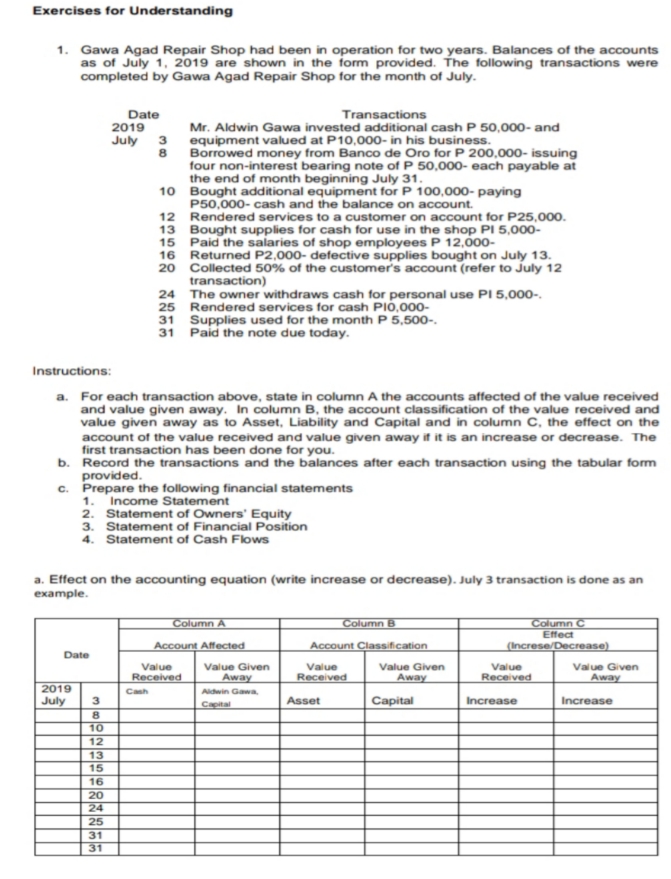 can someone help me with this one Exercises for Understanding 1. Gawa