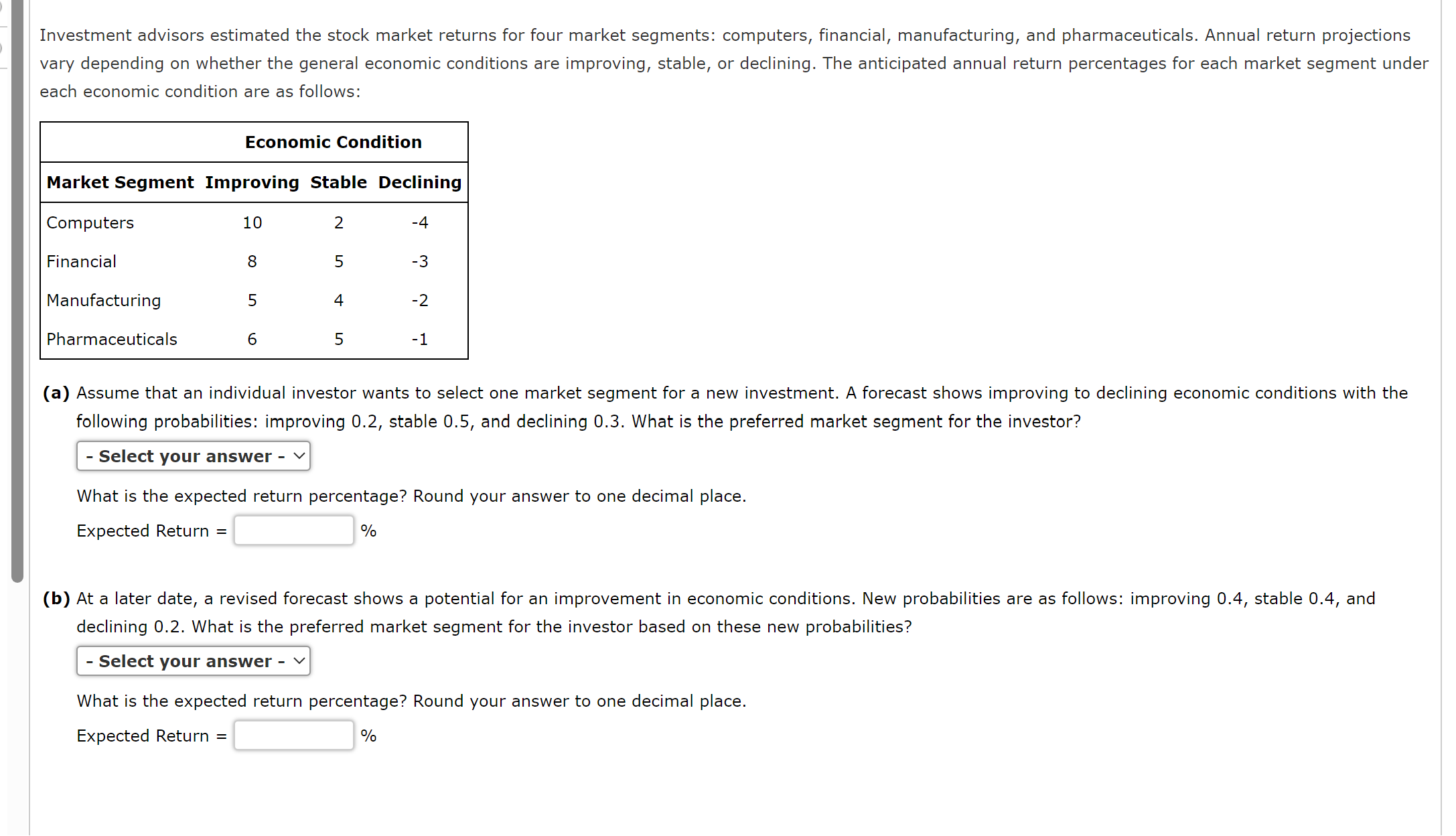  Expected Return = % (b) At a later date, a revised