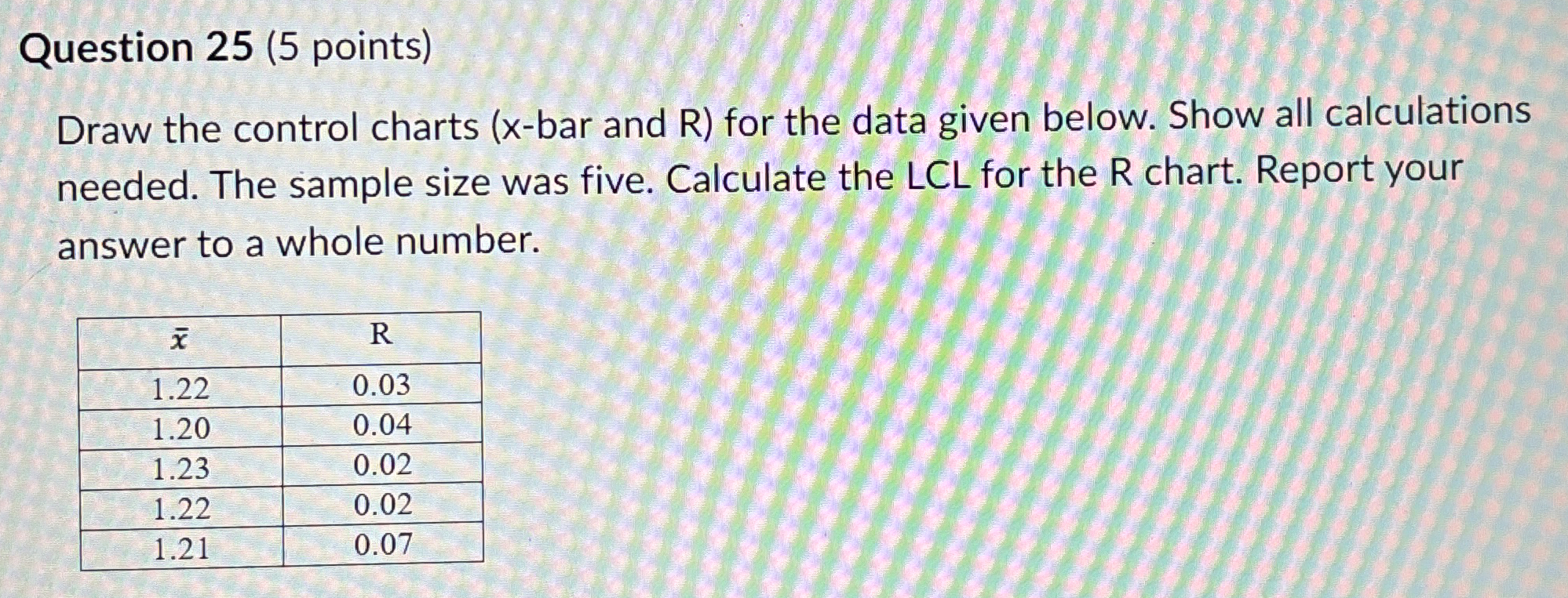  Question 25(5 points) Draw the control charts (x-bar and R) for