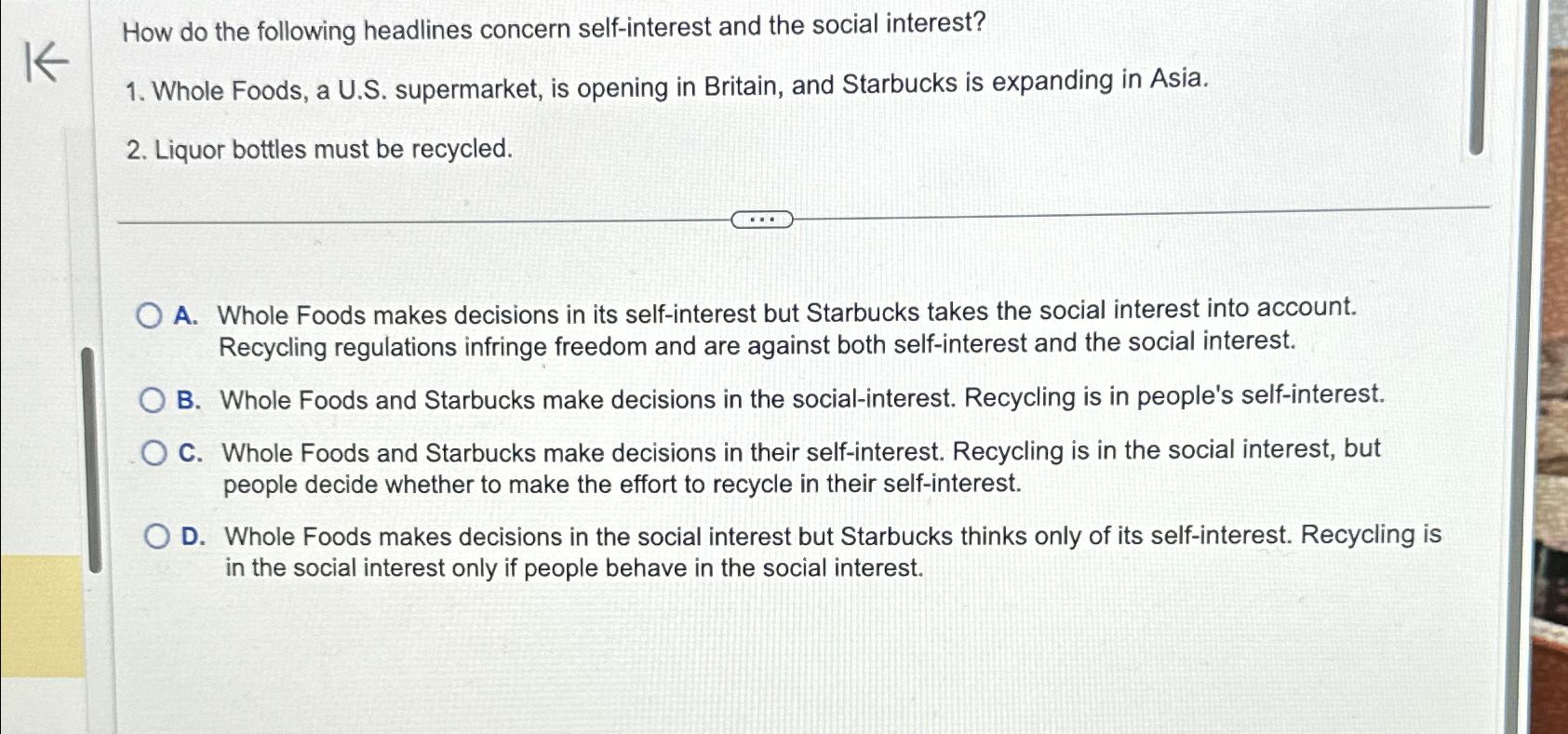  How do the following headlines concern self-interest and the social interest?