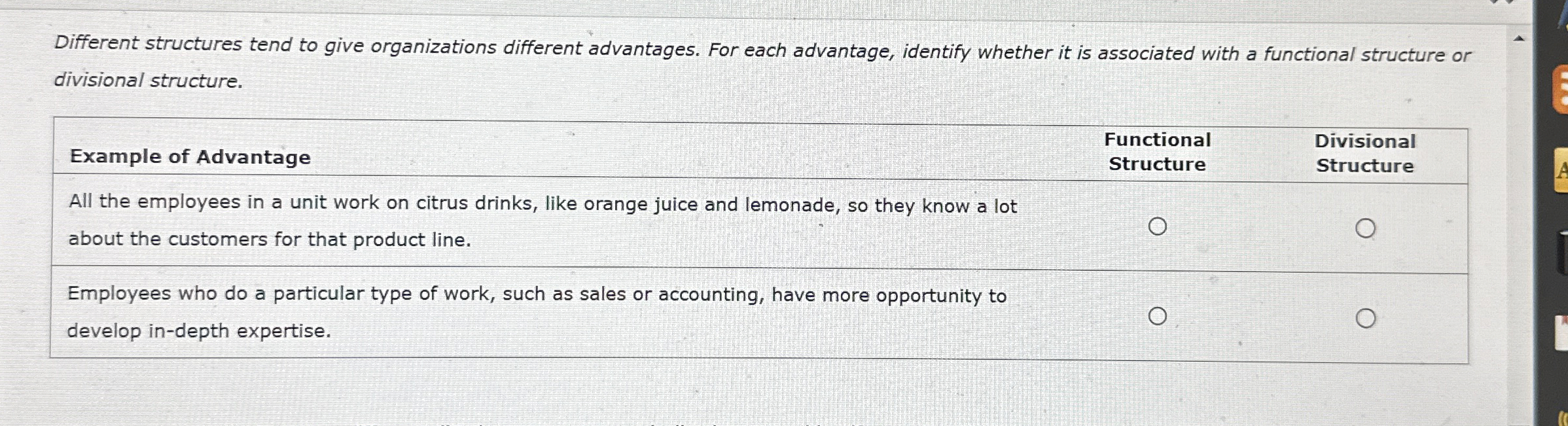  Different structures tend to give organizations different advantages. For each advantage,