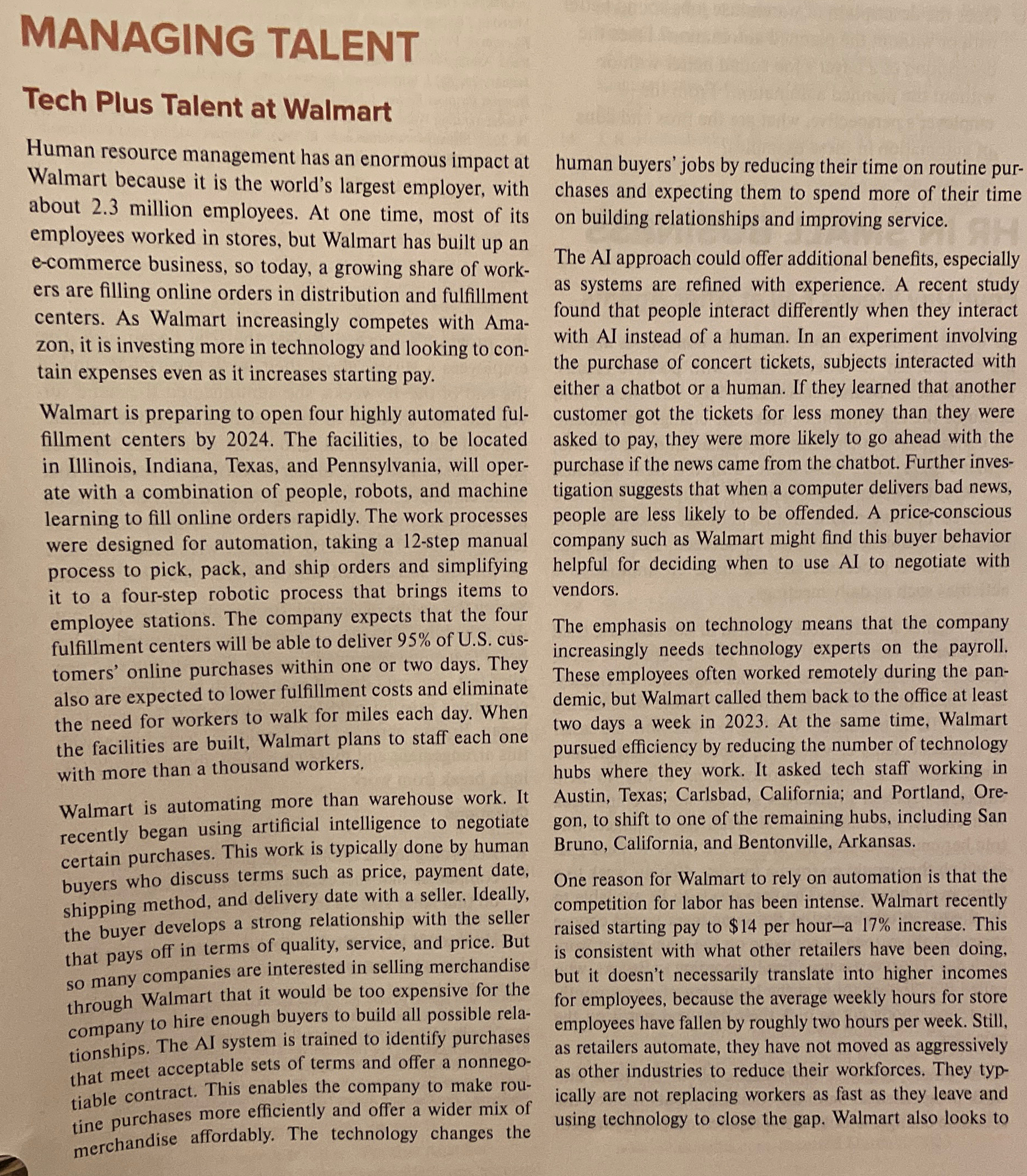  MANAGING TALENT Tech Plus Talent at Walmart Human resource management has