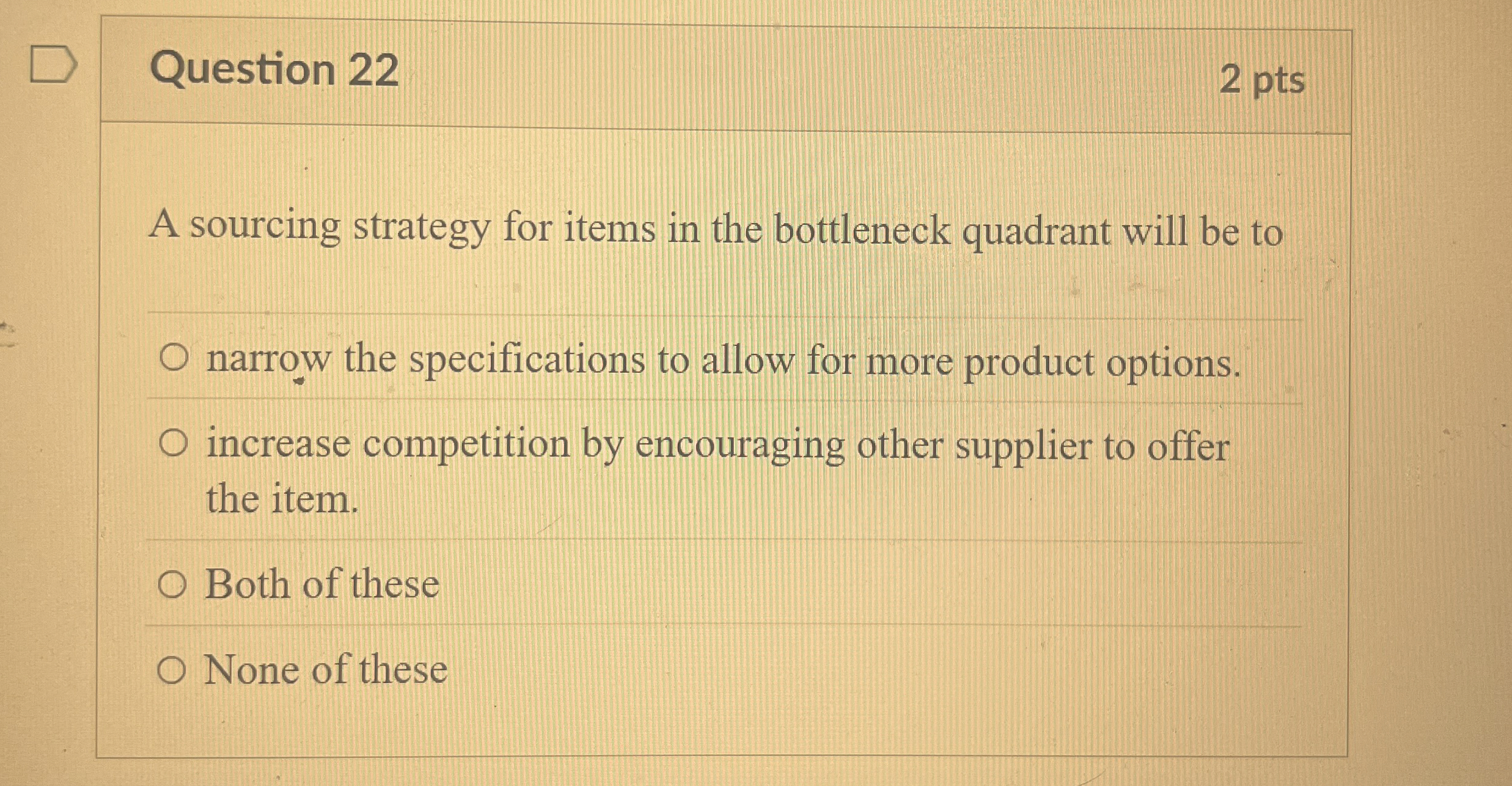  Question 22 2 pts A sourcing strategy for items in the