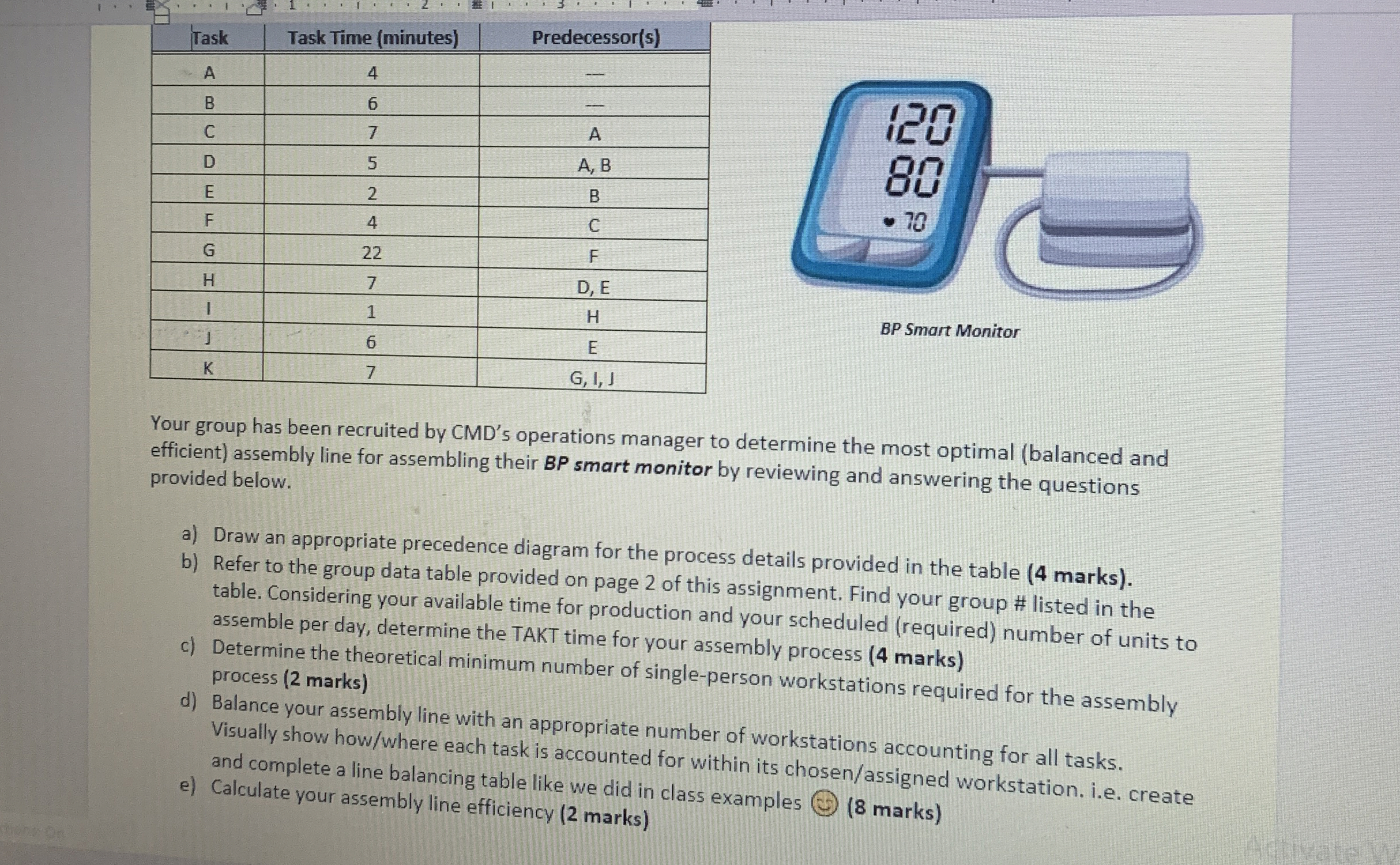  \table[[Task,Task Time (minutes),Predecessor(s)],[A,4,-],[B,6,-],[C,7,A],[D,5,A, B],[E,2,B],[F,4,C],[G,22,F],[H,7,D, E],[I,1,H],[J,6,E],[K,7,G, I, J]] Your group has been