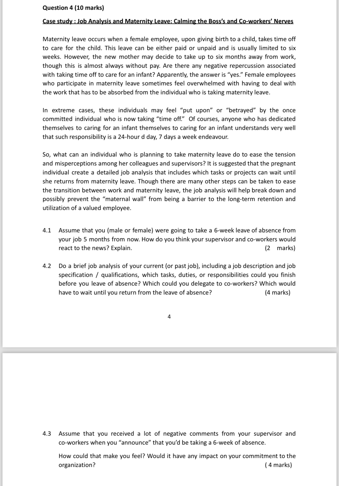  Question 4(10 marks) Case study : Job Analysis and Maternity Leave: