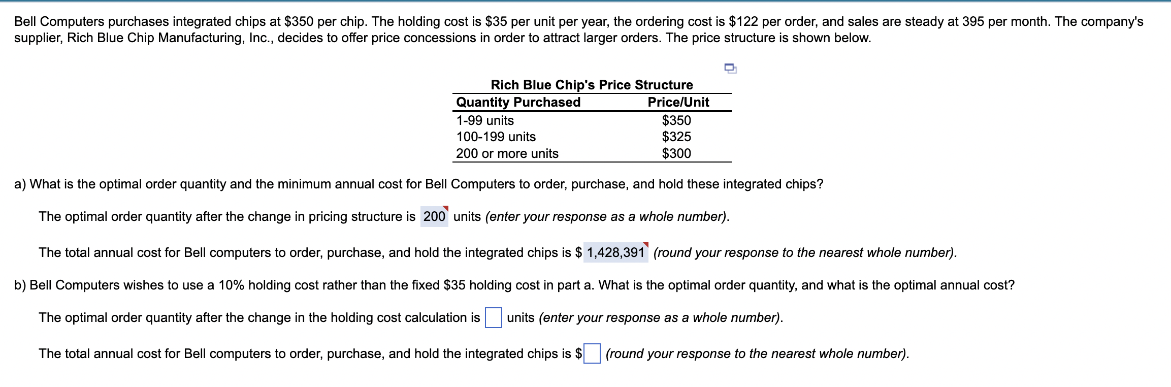  Bell Computers purchases integrated chips at $350 per chip. The holding