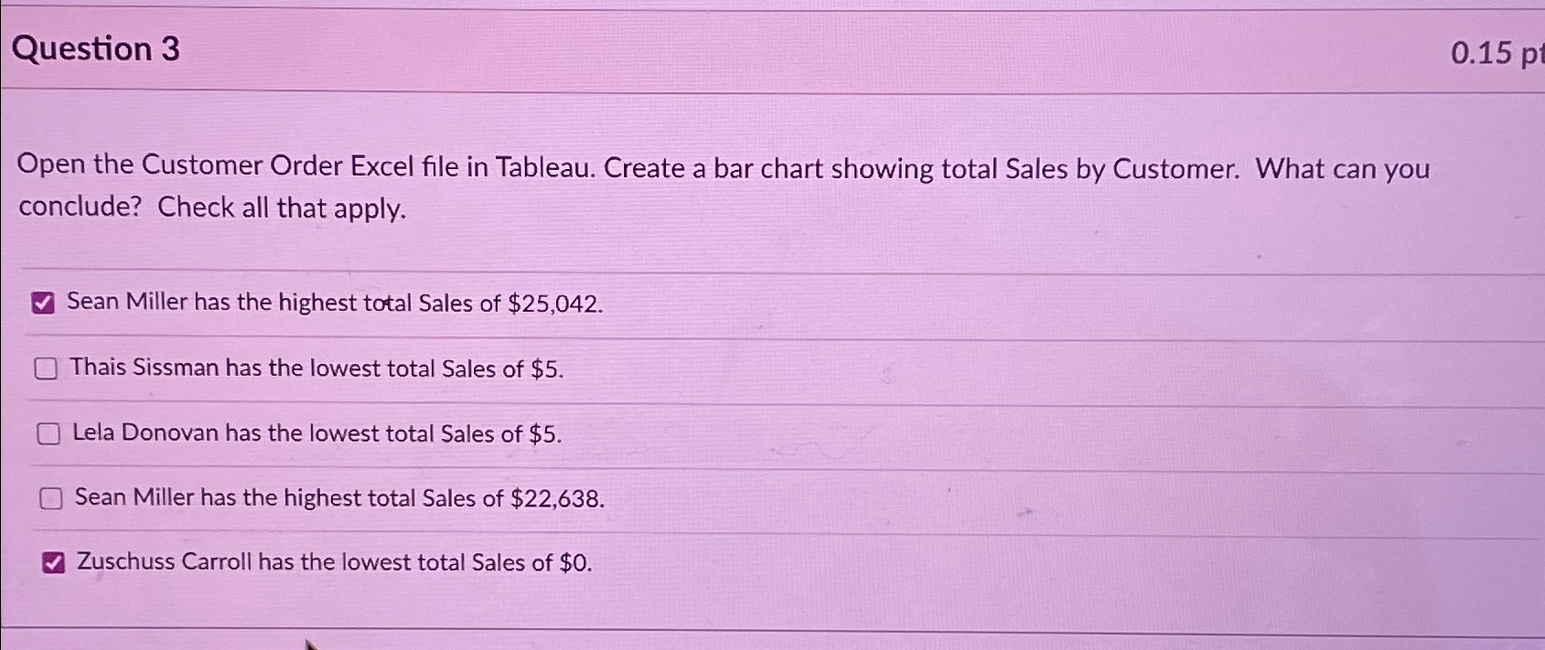  Question 3 0.15p Open the Customer Order Excel file in Tableau.