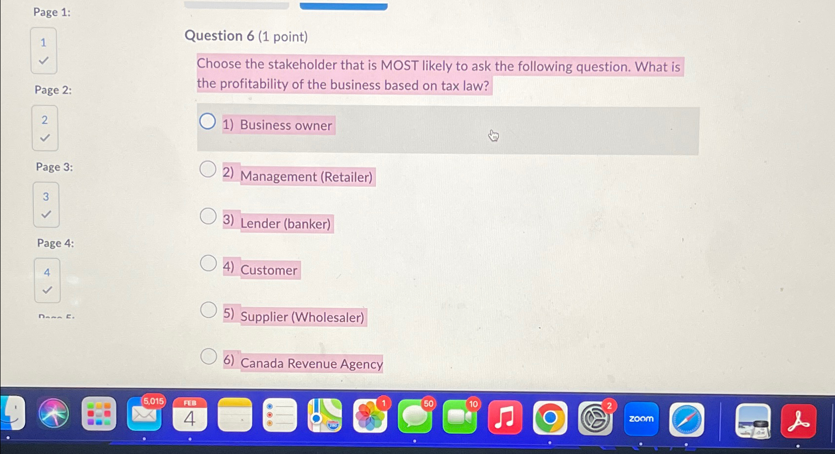  Page 1: 1 Question 6(1 point) Choose the stakeholder that is