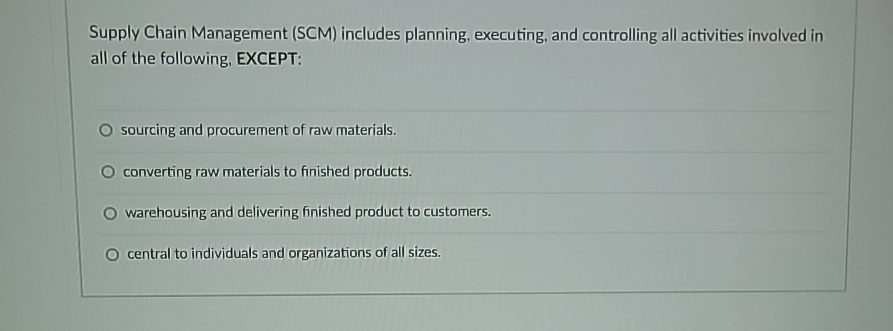  Supply Chain Management (SCM) includes planning, executing, and controlling all activities