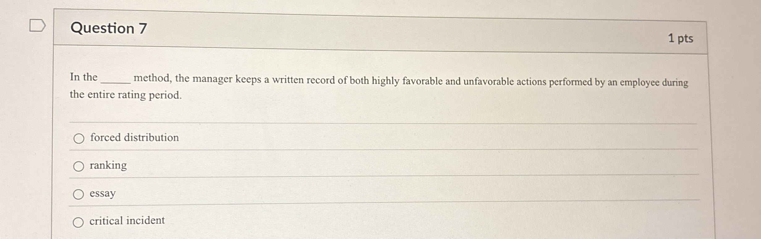  Question 7 1 pts In the method, the manager keeps a