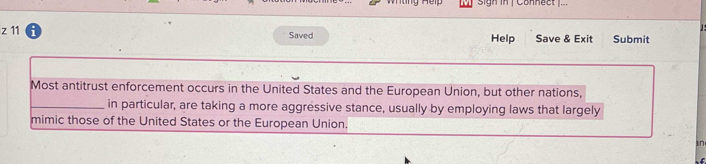  z 11 i. Help Save & Exit Submit Most antitrust enforcement