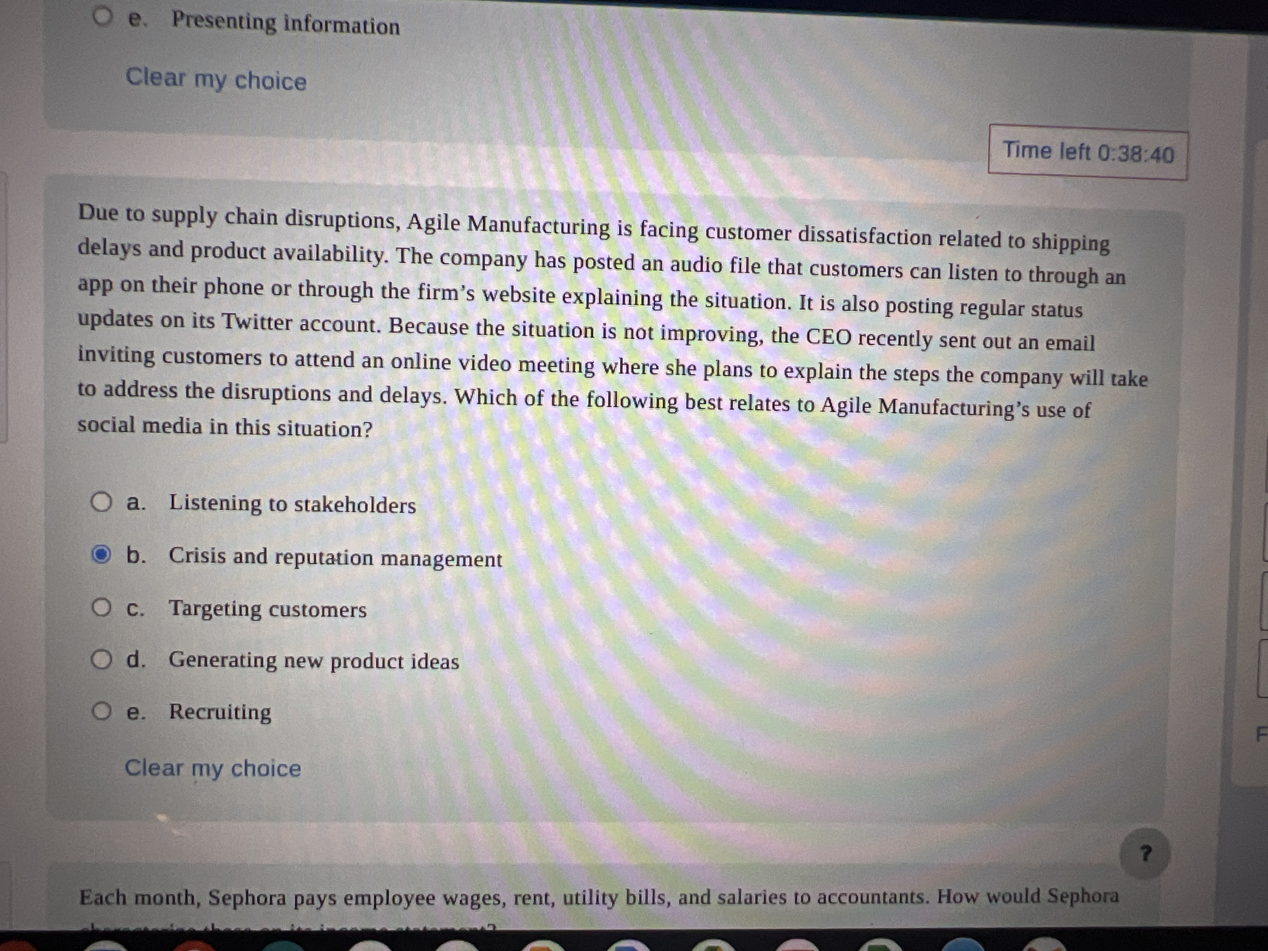  e. Presenting information Clear my choice Time left 0:38:40 Due to