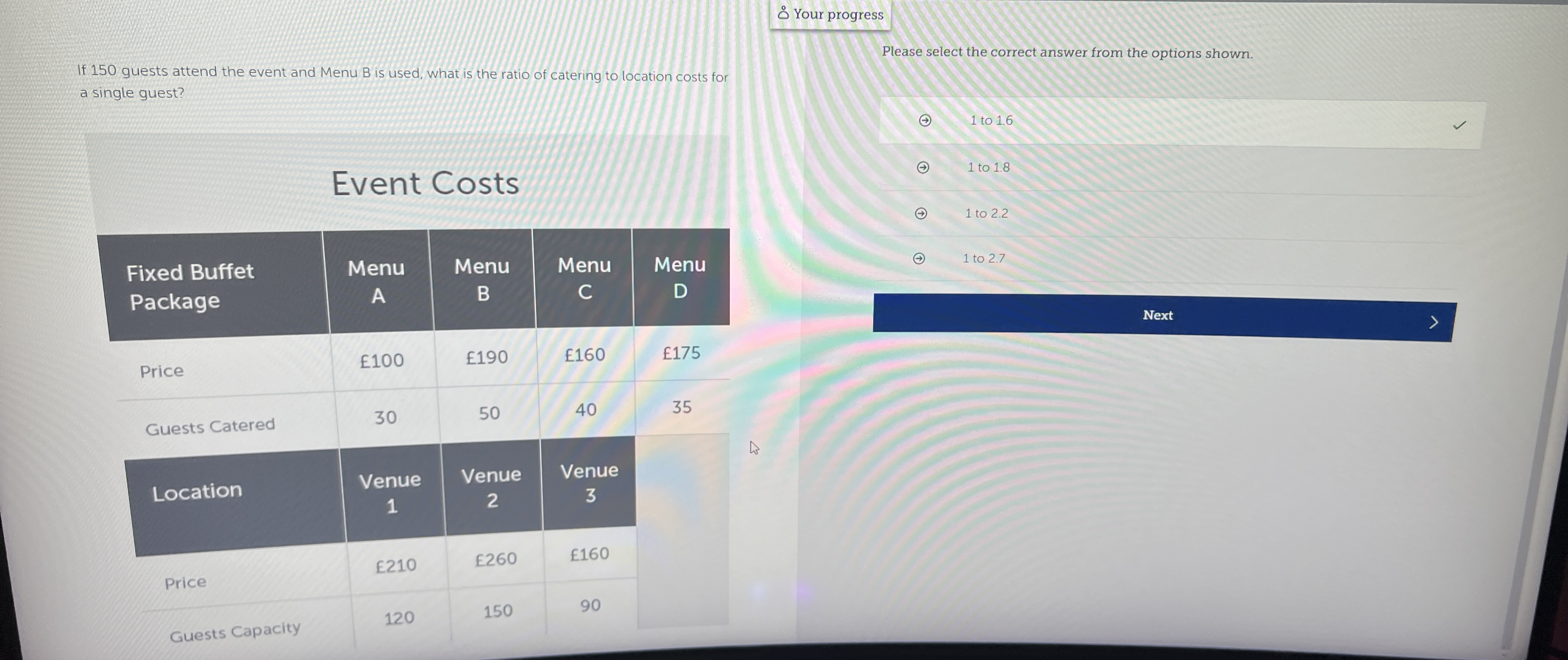  Your progress If 150 guests attend the event and Menu B