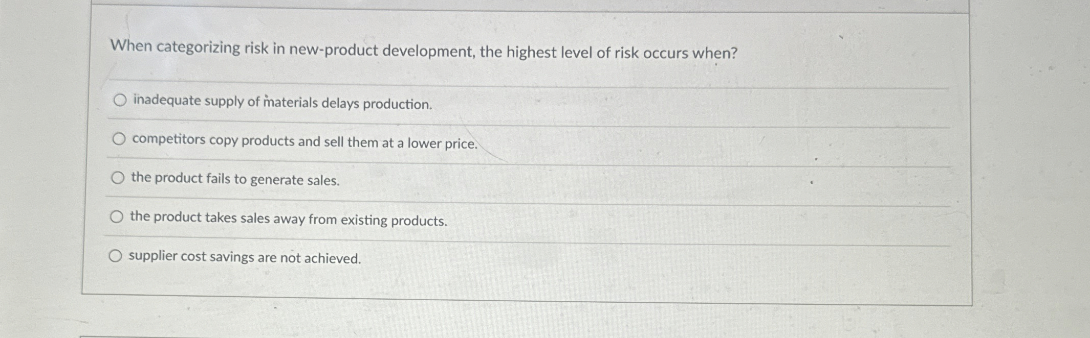 When categorizing risk in new-product development, the highest level of risk