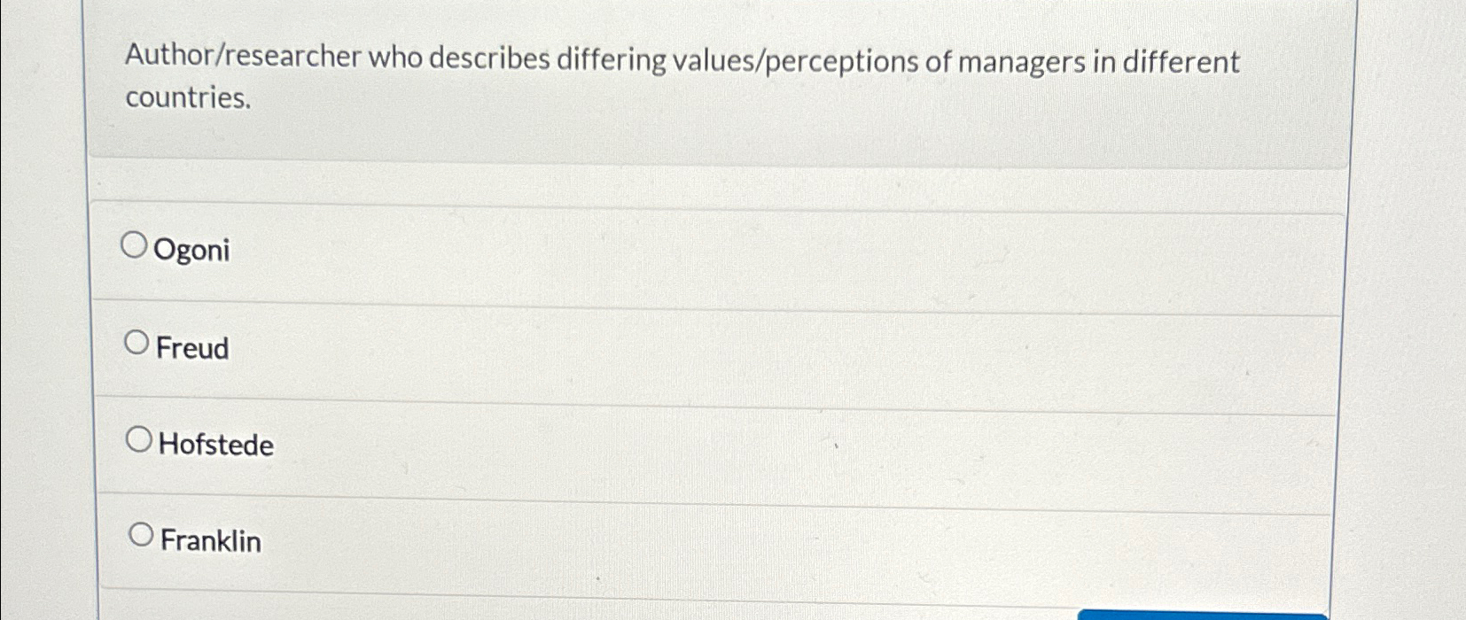  Author/researcher who describes differing values/perceptions of managers in different countries. Ogoni