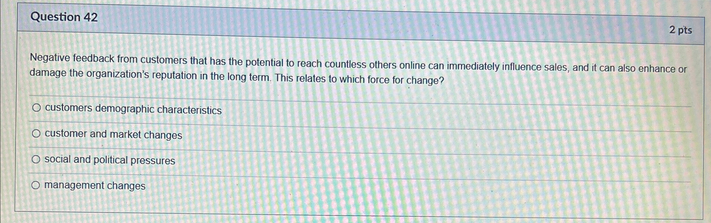  Question 42 2 pts Negative feedback from customers that has the